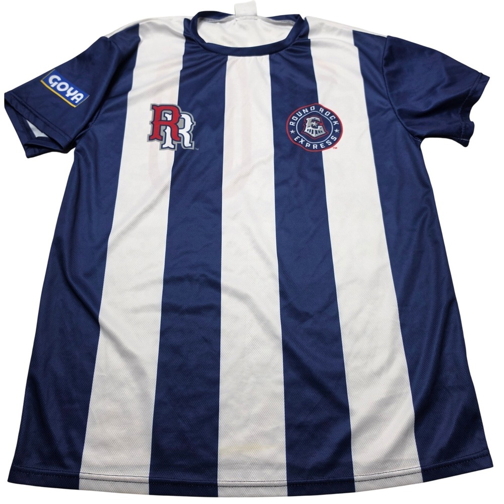 Round Rock Express Baseball Jersey Blue White Striped Goya Number 10 Mens XL